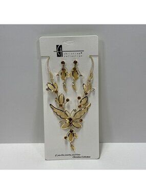 NWT - Gold Tone Mesh Butterfly With Topaz And Crystal Accents Necklace /earrings
